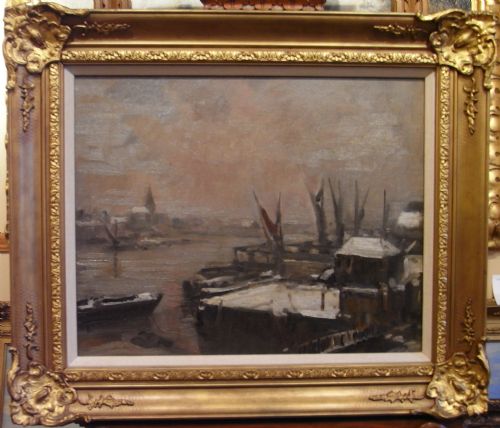 fig 1. Atmospheric Oil by Robert Langley Hutton (Exh.1912-1917)- 'Winter on the Thames'