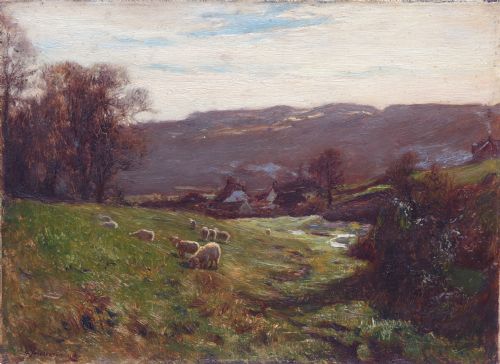 Oil on Panel by Staithes Artist Arthur a Friedenson (1872-1955) of 'Sheep Grazing in the Valley, North York Moors'