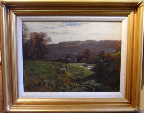 fig 1. Oil on panel by Staithes artist Arthur A Friedenson (1872-1955) of 'Sheep Grazing in the Valley, North York Moors'