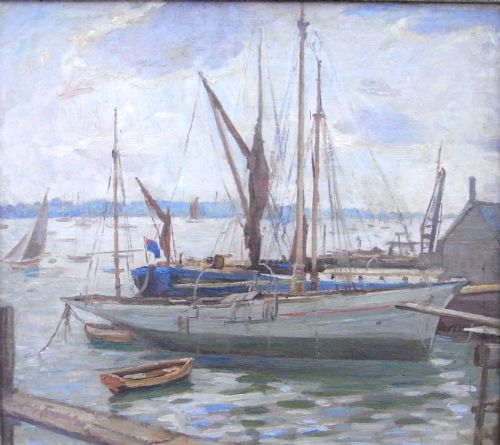 Oil by Percy Morton Teasdale R.cam.a. (1870-1961) of 'Yachts on the Solent, Isle of Wight'