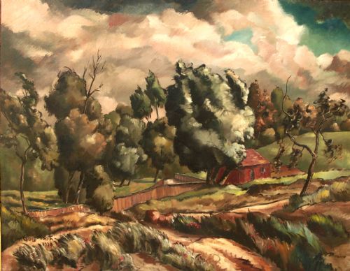 Very Large Oil by Colum Robert Gore-booth (1913-1959) of 'French Landscape with Trees, Building and Fence'