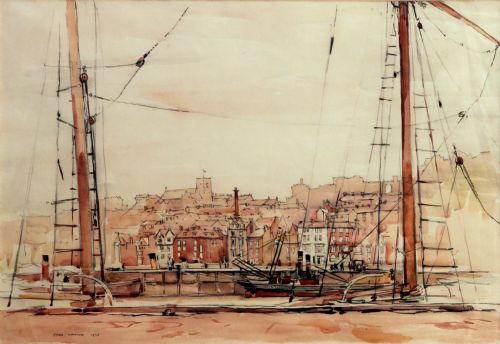Watercolour by Fred Lawson (1888-1968) of 'Scarborough' Harbour Scene.


