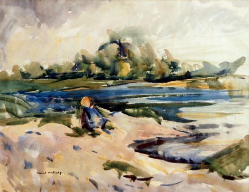 Watercolour by Muriel Metcalfe (1910-1994) of 'A Young Girl Resting by the River Ure, Wensleydale'.
