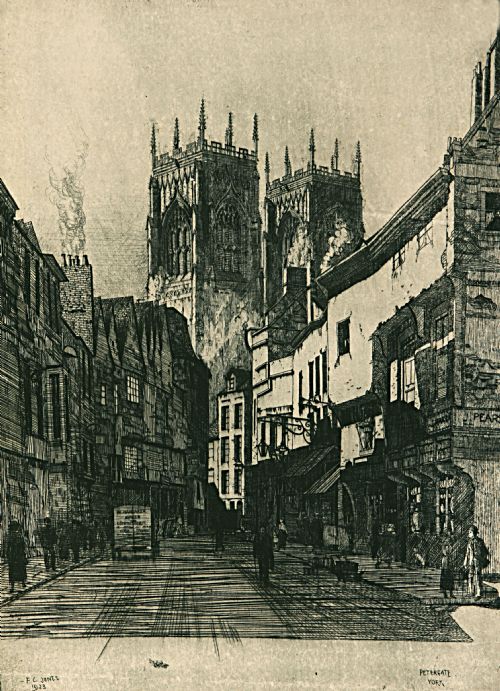 Town Scene Etching (Print) by Fred Cecil Jones R.b.a. (1891-1956) of 'Petergate, York'
