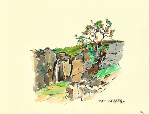 A Pen and Ink Watercolour Drawing from Fred Lawson's 'Book of Drawings 1935' Titled 'The Scaur'.
