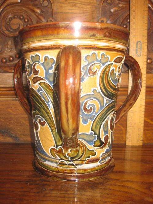 Lovely Large Royal Doulton Lambeth Stoneware Tyg by Mark V Marshall, Assisted by Jane Rumbol. C.1895