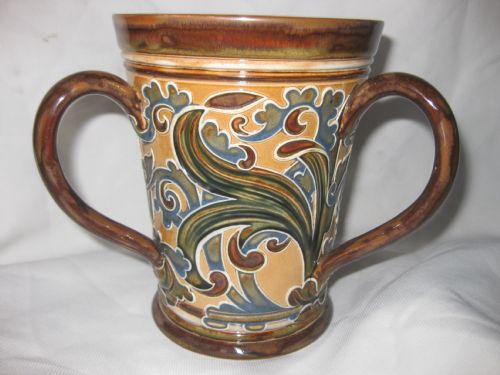 fig 1. Lovely Large Royal Doulton Lambeth stoneware Tyg by Mark V Marshall, assisted by Jane Rumbol. C.1895