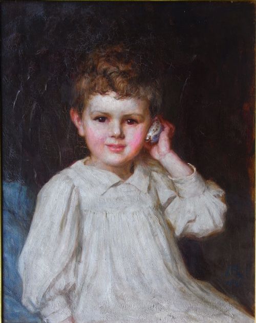 Pre-raphaelite Oil Portrait by Ralph Peacock (1868-1946) of 'Boy Seated Holding a Shell to His Ear'.