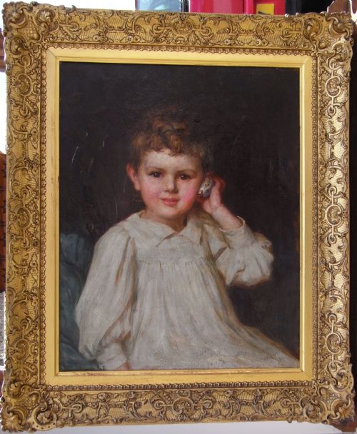 fig 1. Pre-raphaelite oil portrait by Ralph Peacock (1868-1946) of 'Boy seated holding a shell to his ear'.
