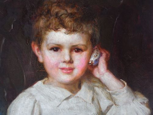 fig 2. Pre-raphaelite oil portrait by Ralph Peacock (1868-1946) of 'Boy seated holding a shell to his ear'.