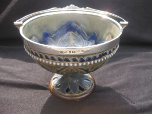 Rare Doulton Lambeth Stoneware Silver Mounted/swing Handled Bonbon Dish/bowl Signed by Annie Gentle. 1880