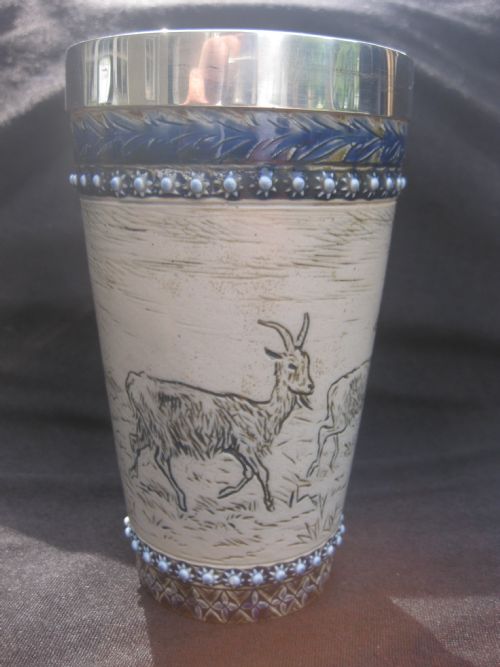 Doulton Lambeth Stoneware Silver Mounted Beaker by Hannah Barlow Scraffito Decorated with 5 Goats. 1879
