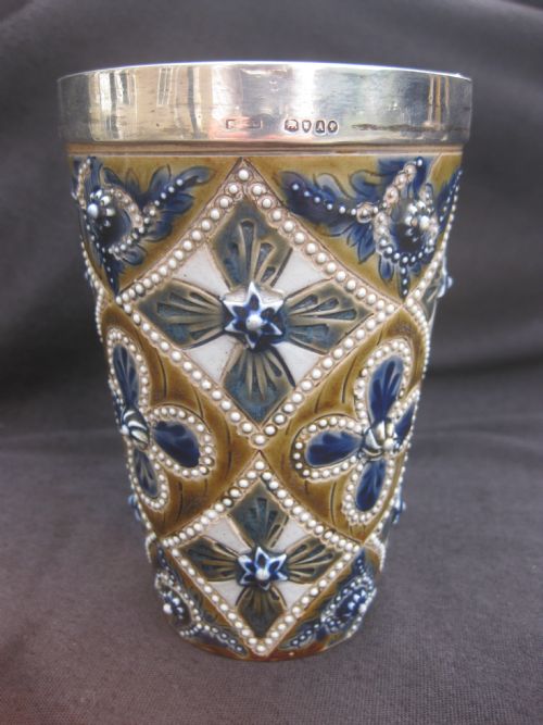 Doulton Lambeth Stoneware Silver Mounted Beaker by Emily E Stormer 1876