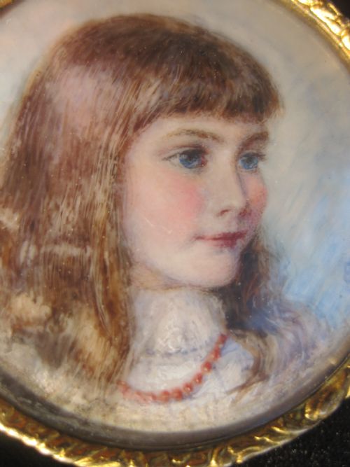 Lovely Miniature Watercolour Portrait of a Beautiful Young Girl with Bright Blue Eyes Wearing a Pearl Necklace.