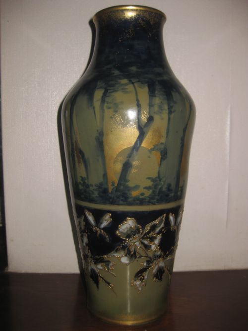 Large Teplitz Amphora Woodland Forest Vase, Flowers & Insects Rstk. 12".