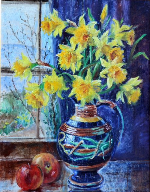 Still Life by John Harold Wood (C.1890-1965) 'Daffodils in a Majolica Jug'