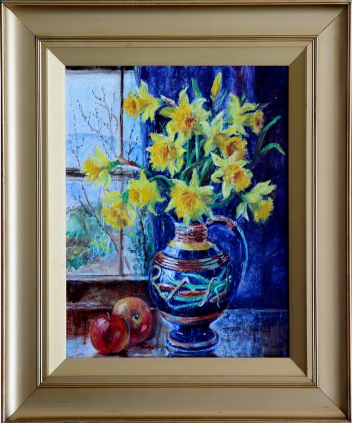 fig 1. Still Life by John Harold Wood (C.1890-1965) 'Daffodils in a Majolica Jug'