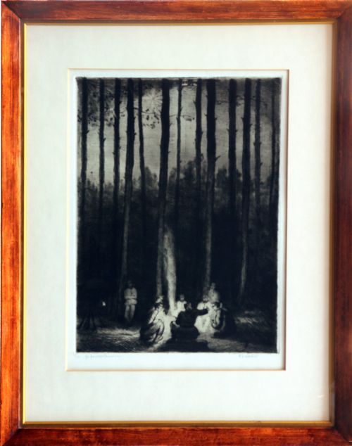 fig 1. Etching by Rudolph Paul Hirschenhauser (b.1882 Austria) 'Austro Hungarian Soldiers round a camp fire'
