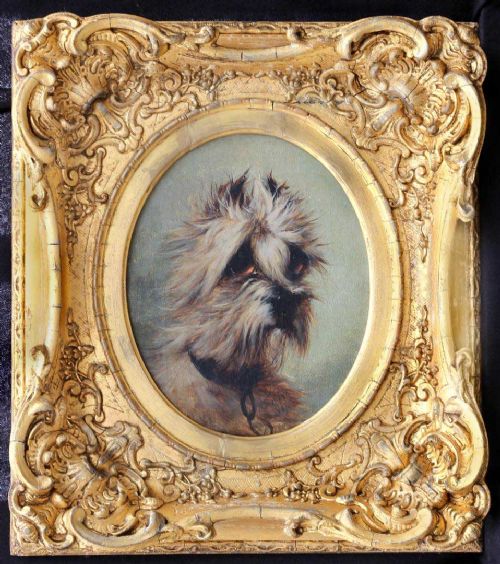 A Stunning Dog Portrait. "Nettles". A Terrier by Agnes Dundas. (Ex: 1863-1873.) Signed & Dated 1867,
Inscribed Nettles, Oil on Canvas. Oval 10"X 8". Overall 16.5"X 14.75".In It's Original Heavy Rococco Swept Gilt Gold Leaf Frame.