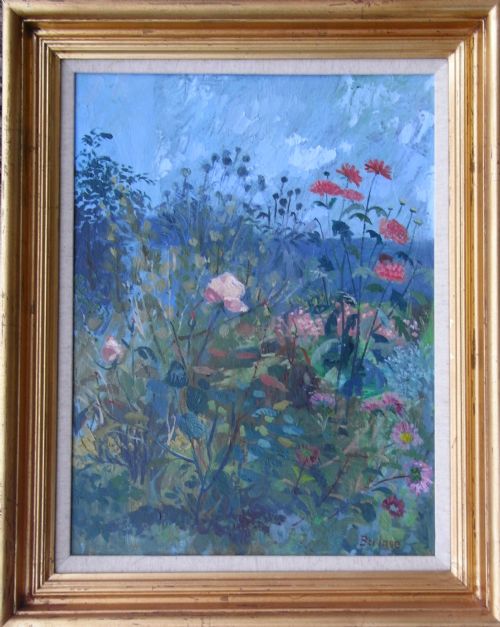 fig 1. Charming oil by Deirdre Borlase A.R.C.A (b.1925) of 'Garden Flowers'.