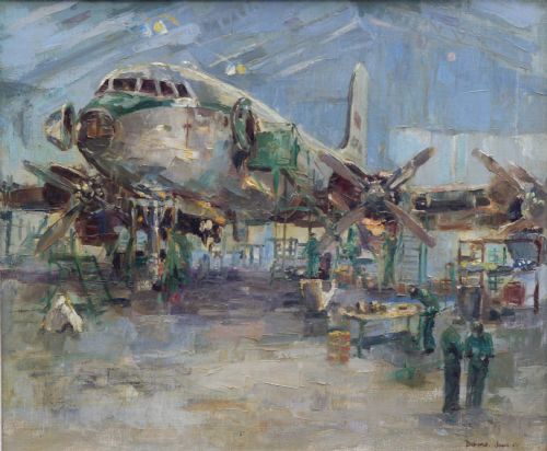 Handley Page Hermes."maintenance at Blackbushe" Deborah Jones.oil.1955.