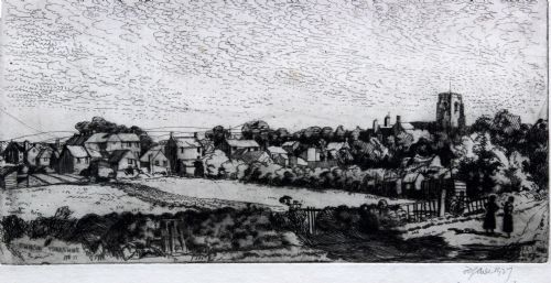 fig 1. Town scene etching (print) by Fred Cecil Jones R.B.A. (1891-1956) of 'Thirsk, Yorkshire'
