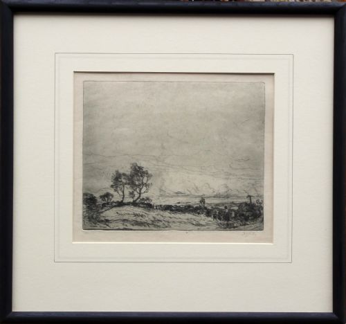 fig 1. Landscape etching print by Fred Cecil Jones R.B.A. (1891-1956) of 'Blackberry gathering'