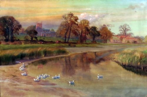 Fred Sherwood. "Summer Landscape with Ducks". Large Oil.