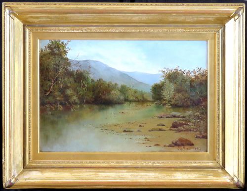 "Tranquil River Landscape". Oil by Henry Gee. 1901.