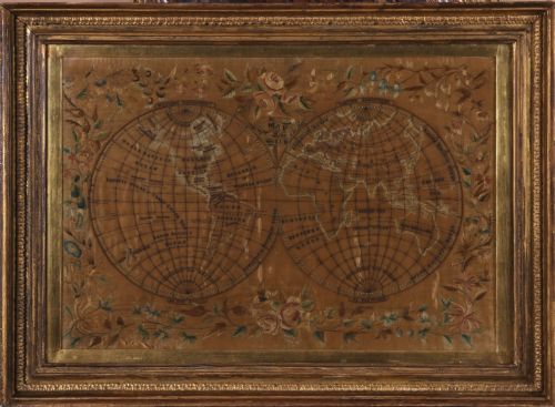 Needlework Silk "Map of the World". 18th Century.