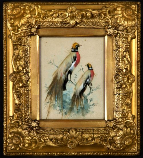 "Exotic Birds" Pair of W/c & Feather Applique Pictures.
