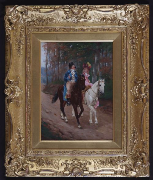 Charles Louis Kratke "Courting Couple Riding" .Stunning Oil.