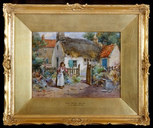 fig 1. A watercolour painting depicting a thatched cottage with a woman feeding chickens in a vibrant garden.