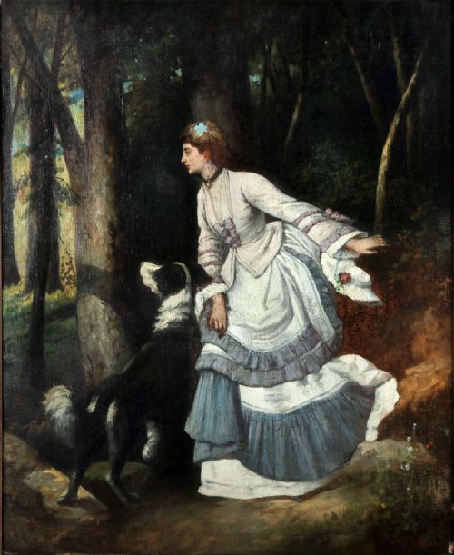 "Elegant Lady with Dog". Oil by J.f. 1861.