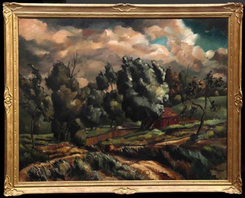 fig 1. Very large oil by Colum Robert Gore-Booth (1913-1959) of 'French landscape with trees, building and fence'