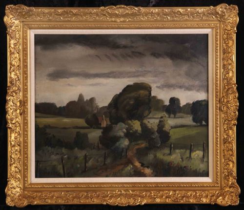 fig 1. Oil painting by Colum Robert Gore-Booth (1913-1959) of 'Cottage in a wooded landscape'.