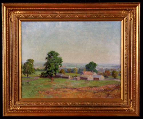 fig 1. A mid-20th-century landscape oil painting depicting farm buildings, trees, and rolling fields in Yorkshire under a pale sky.