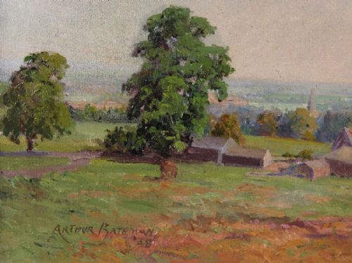 fig 2. A mid-20th-century landscape oil painting depicting farm buildings, trees, and rolling fields in Yorkshire under a pale sky.