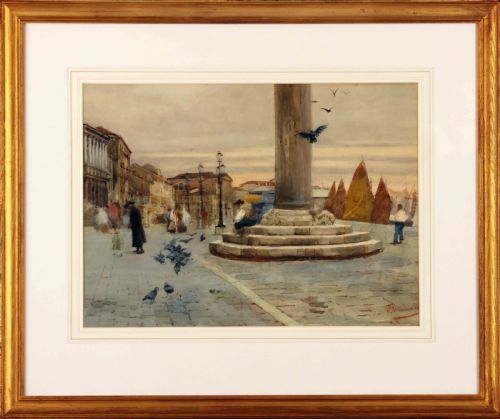 fig 1. An antique watercolour painting capturing the Piazzetta in Venice with stone columns, figures gathered in the square, pigeons on the ground, and warm-sailed boats in the harbour.