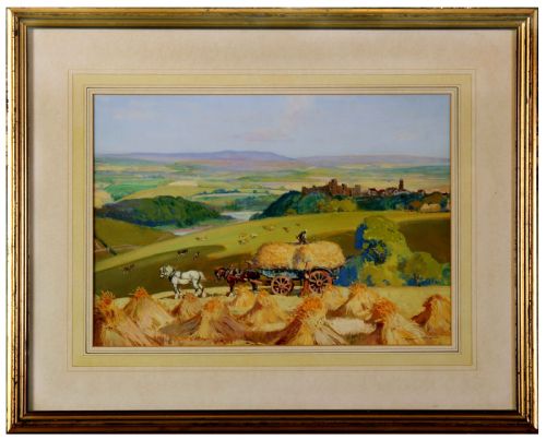 fig 1. A landscape gouache painting depicting a harvest scene with a horse-drawn hay wagon, wheat stooks, and Arundel Castle on the distant horizon under a pale blue sky.