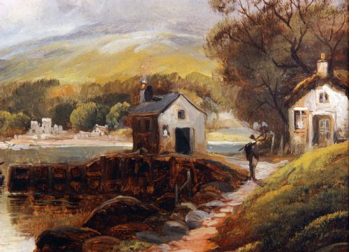 fig 1. An antique oil painting depicting a river scene with masted boats moored near a stone pier, cottage, and distant hills.