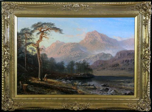 fig 1. A nineteenth-century oil painting depicting the sunlit pink peaks of the Langdale Pikes overlooking Blea Tarn with tall pine trees and a figure in the foreground.
