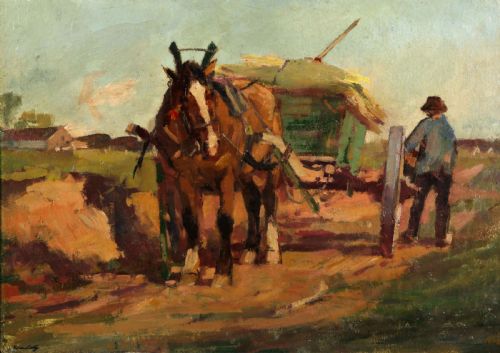 "Horse and Cart" Scottish School. Large 1920 Oil.