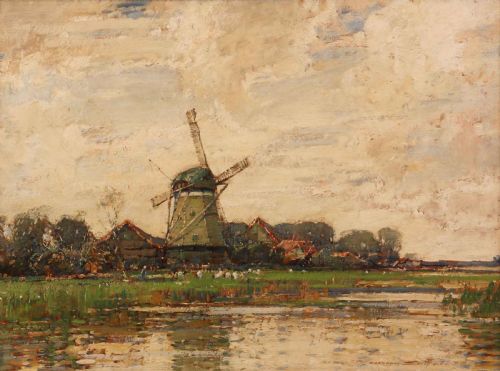 fig 1. A large oil painting depicting a green Dutch polder landscape with a central windmill under a cloudy sky, framed in an ornate gold gilt frame.