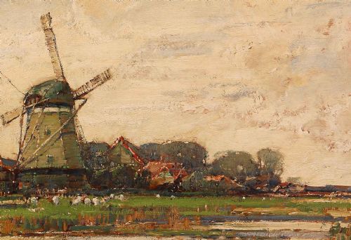 fig 2. A large oil painting depicting a green Dutch polder landscape with a central windmill under a cloudy sky, framed in an ornate gold gilt frame.