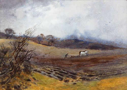 Hubert Coutts. "Ploughing". Watercolour Landscape.