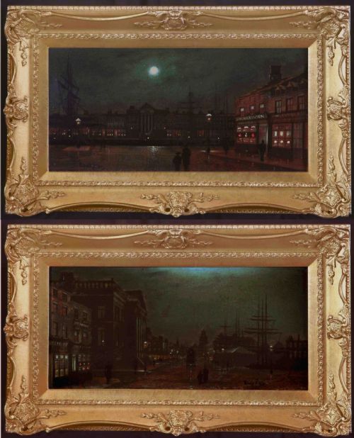 Wilfred Jenkins Pair Oils "Liverpool & Docks" Moonlight.