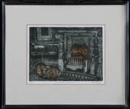 fig 1. A colour etching depicting a sleeping cat on a surface in the foreground, set against a detailed fireplace hearth with decorative tiles and objects.