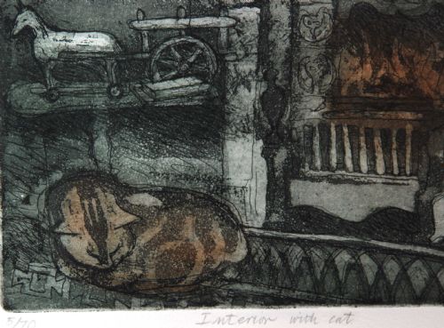 fig 2. A colour etching depicting a sleeping cat on a surface in the foreground, set against a detailed fireplace hearth with decorative tiles and objects.