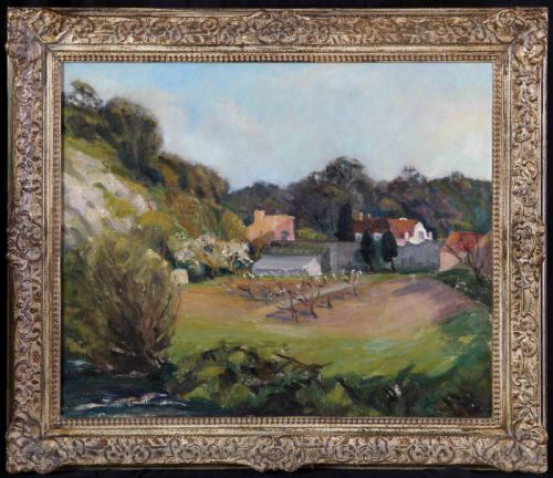 fig 1. An oil painting depicting a British rural landscape with a hillside, orchard trees, and cottages under a light sky.